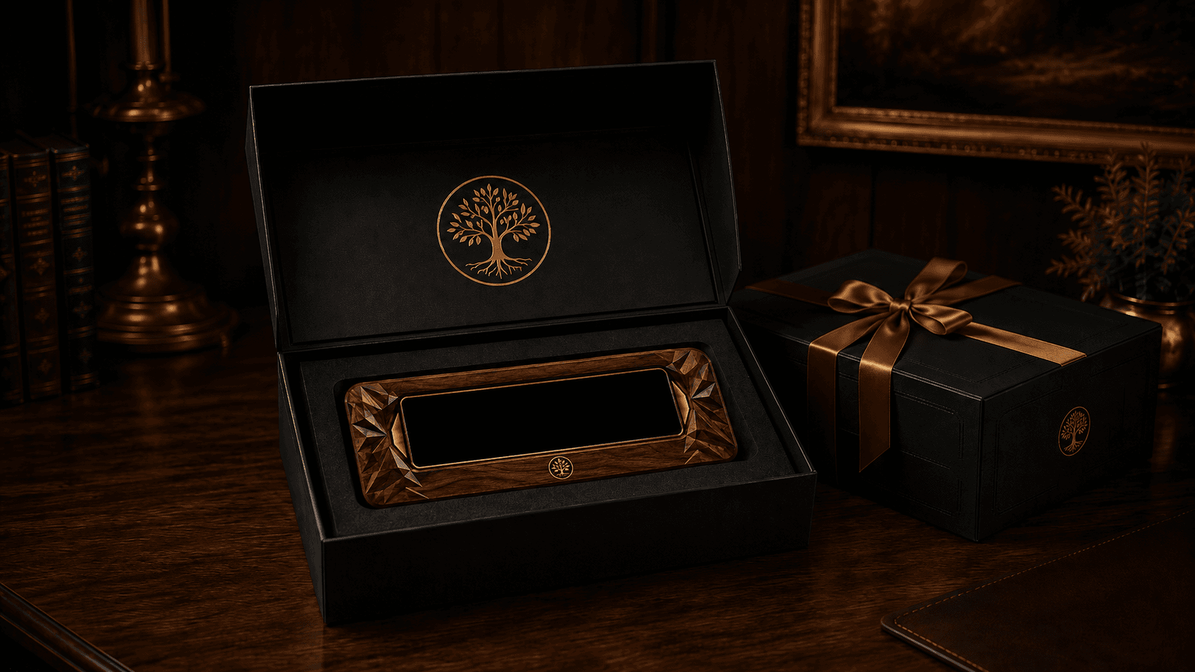 Walnut Arbor & Brass Launch Edition displayed in its presentation box with gift packaging.